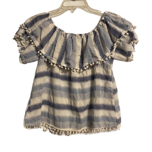 Boho Blue & White Blouse. Large Gypsy Balloon Sleeves Prairie Ruffled Neck - Picture 2 of 8